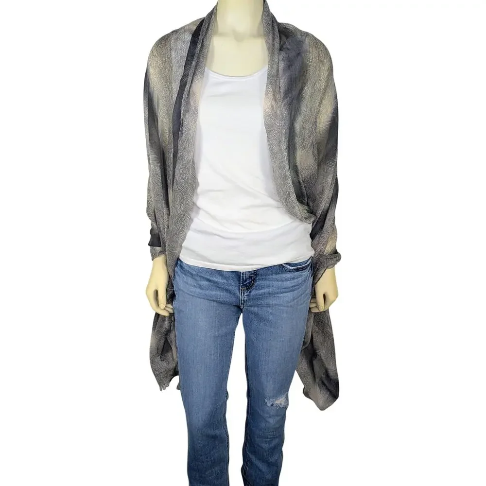 Eyelash Fringe Festival Scarf Multi Wear Wrap Feather Print Semi Sheer Boho Chic